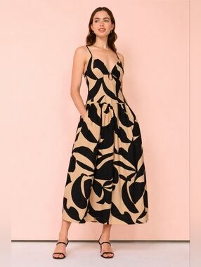 Anthropologie Mon Renn Surreal Linen Blend Midi Dress NWT Black Tan